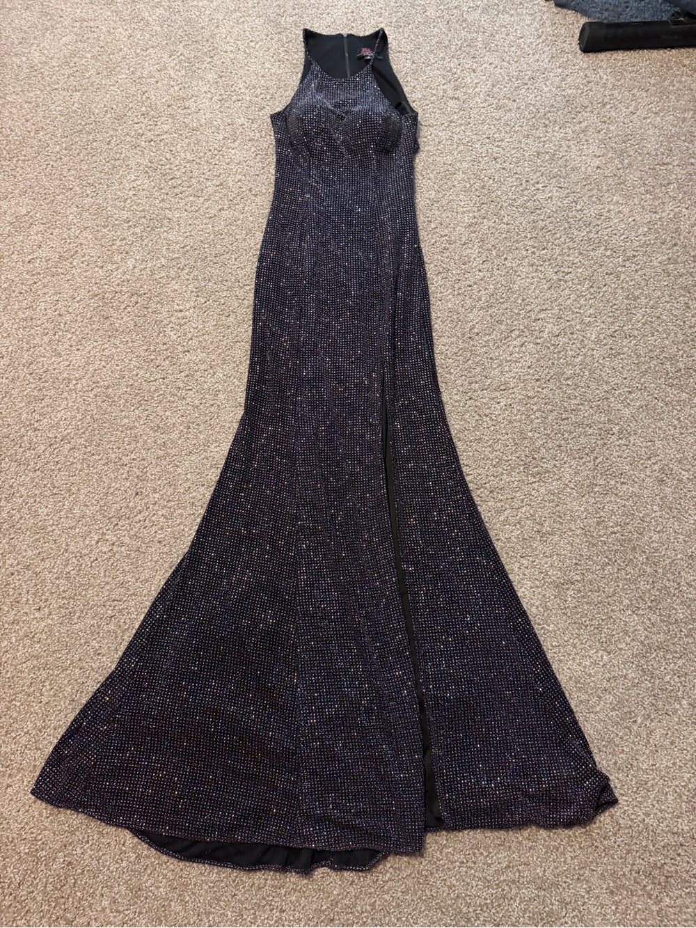 Blondie Nites Black Sparkle Halter Evening Gown